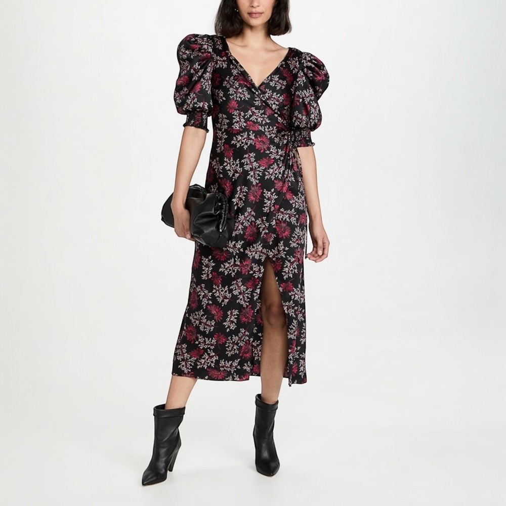 CINQ A SEPT Tumbled Daisy Kacy Puff Sleeve Midi Faux Wrap Dress